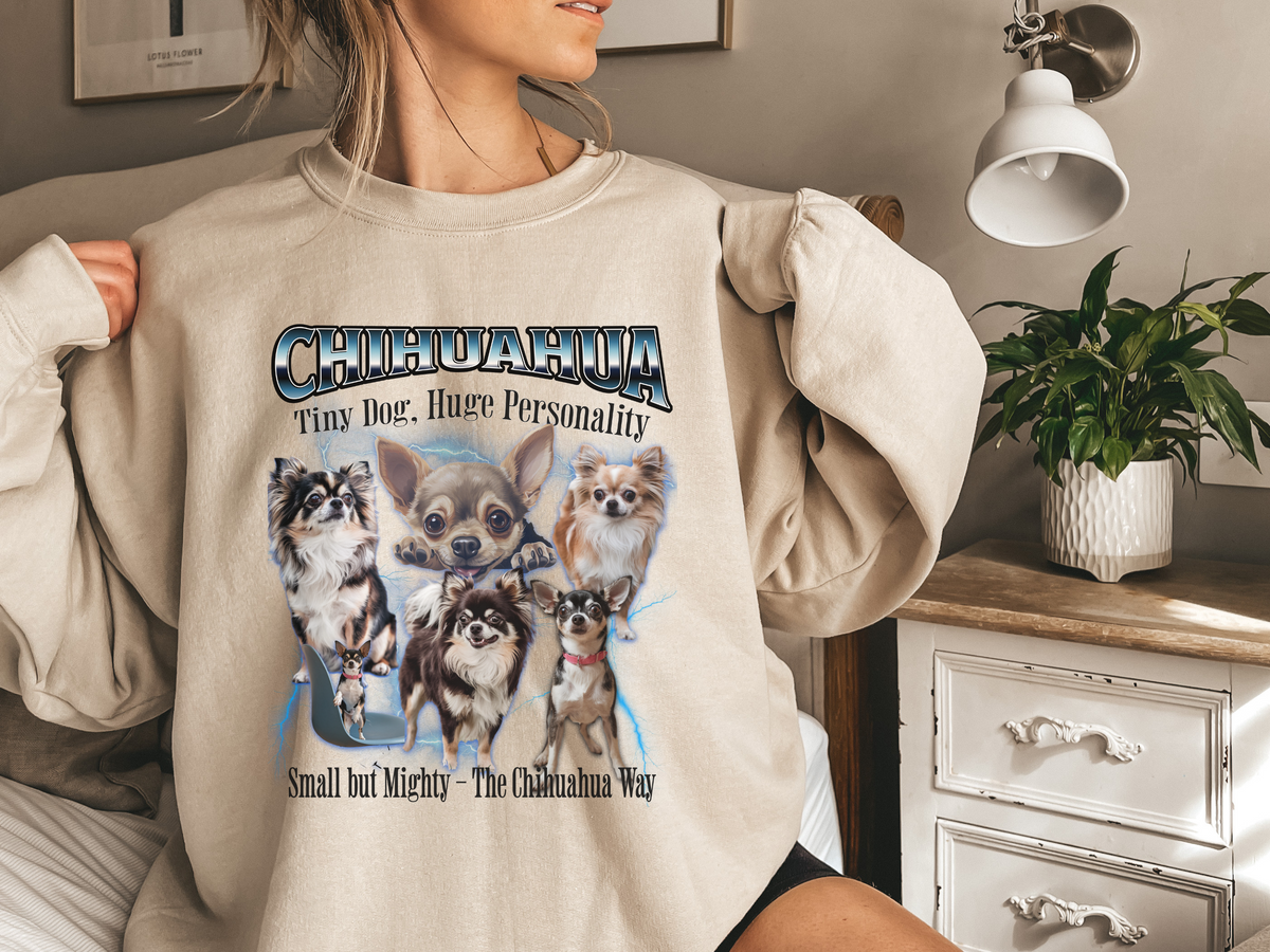 Chihuahua Bootleg Collage Sweatshirt – Tiny Dog, Huge Personality | Unisex Dog Lover Pullover