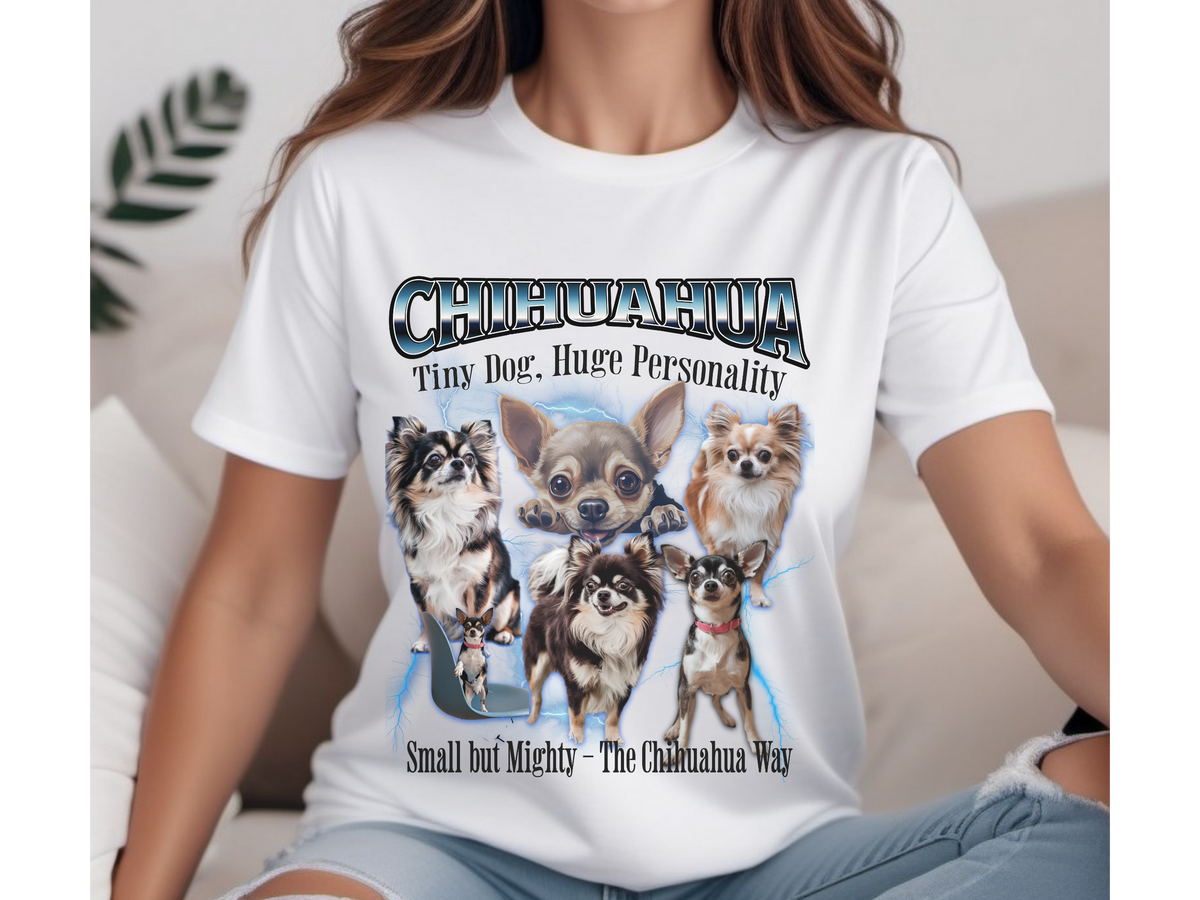 Chihuahua Bootleg Collage T-Shirt – Tiny Dog, Huge Personality – The Chihuahua Way | Unisex Dog Lover Tee