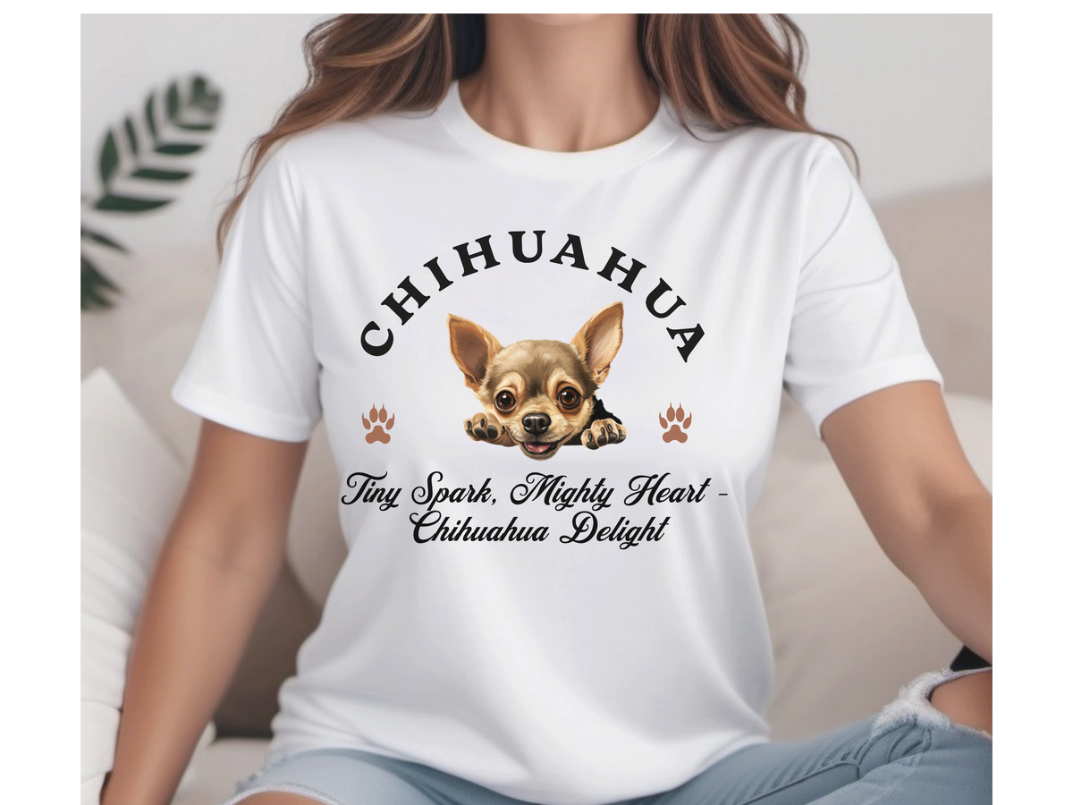 Chihuahua T-Shirt – Unisex Tee with “Tiny Spark, Mighty Heart – Chihuahua Delight” Slogan | Cute Dog Lover Gift