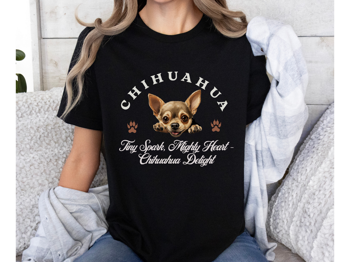 Chihuahua T-Shirt – Unisex Tee with “Tiny Spark, Mighty Heart – Chihuahua Delight” Slogan | Cute Dog Lover Gift