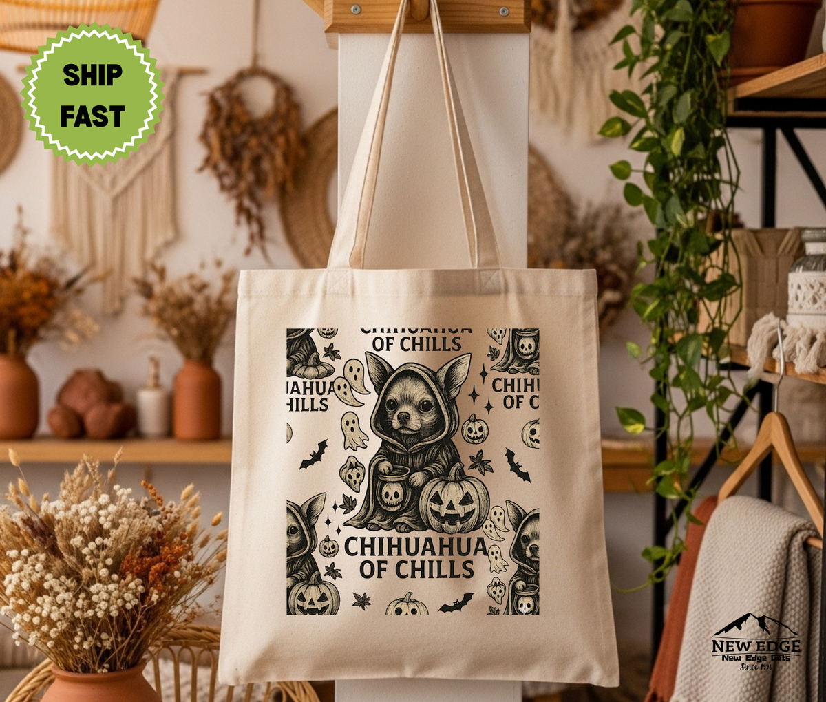 Chihuahua of Chills Halloween Tote Bag – Funny Dog Cotton Canvas Bag, Spooky Pet Lover Gift, Cute Trick or Treat Tote for Dog Moms