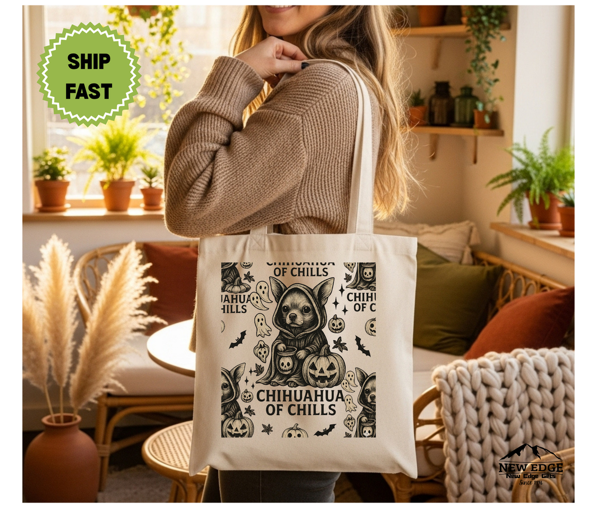 Chihuahua of Chills Halloween Tote Bag – Funny Dog Cotton Canvas Bag, Spooky Pet Lover Gift, Cute Trick or Treat Tote for Dog Moms