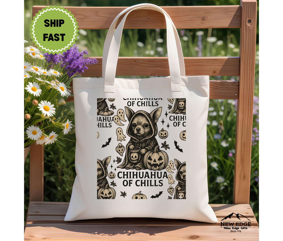 Chihuahua of Chills Halloween Tote Bag – Funny Dog Cotton Canvas Bag, Spooky Pet Lover Gift, Cute Trick or Treat Tote for Dog Moms