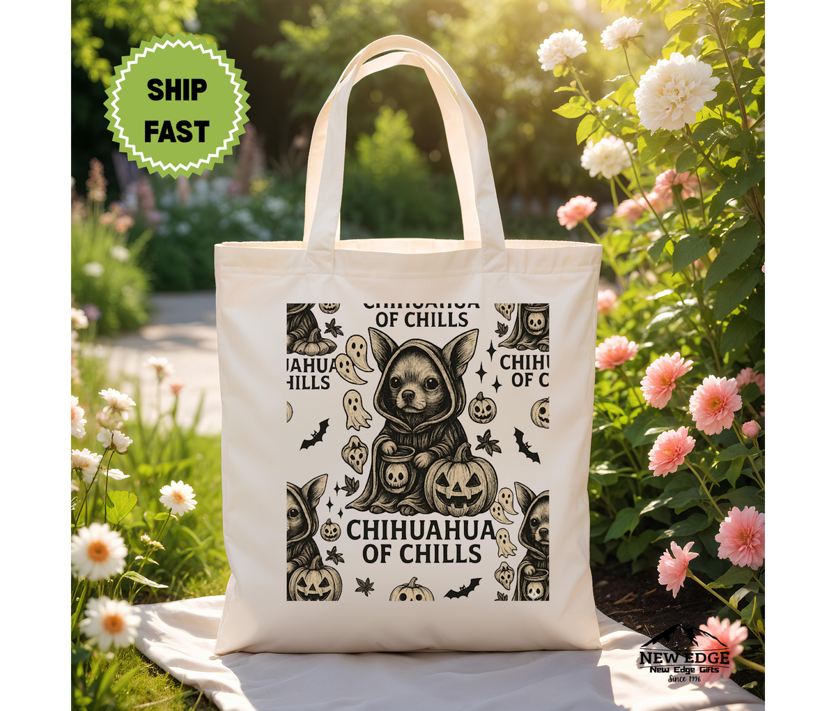 Chihuahua of Chills Halloween Tote Bag – Funny Dog Cotton Canvas Bag, Spooky Pet Lover Gift, Cute Trick or Treat Tote for Dog Moms