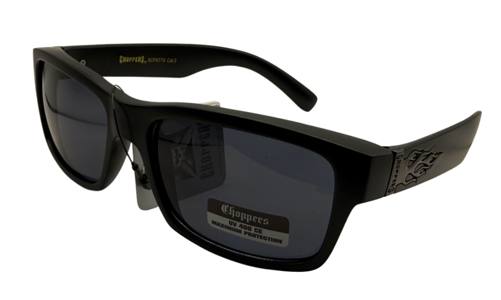 Choppers 8CP6779 Wrap Sunglasses – UV400 Mirror Lens Biker Shades, Black Frame Flame Detail, Men’s Riding Eyewear