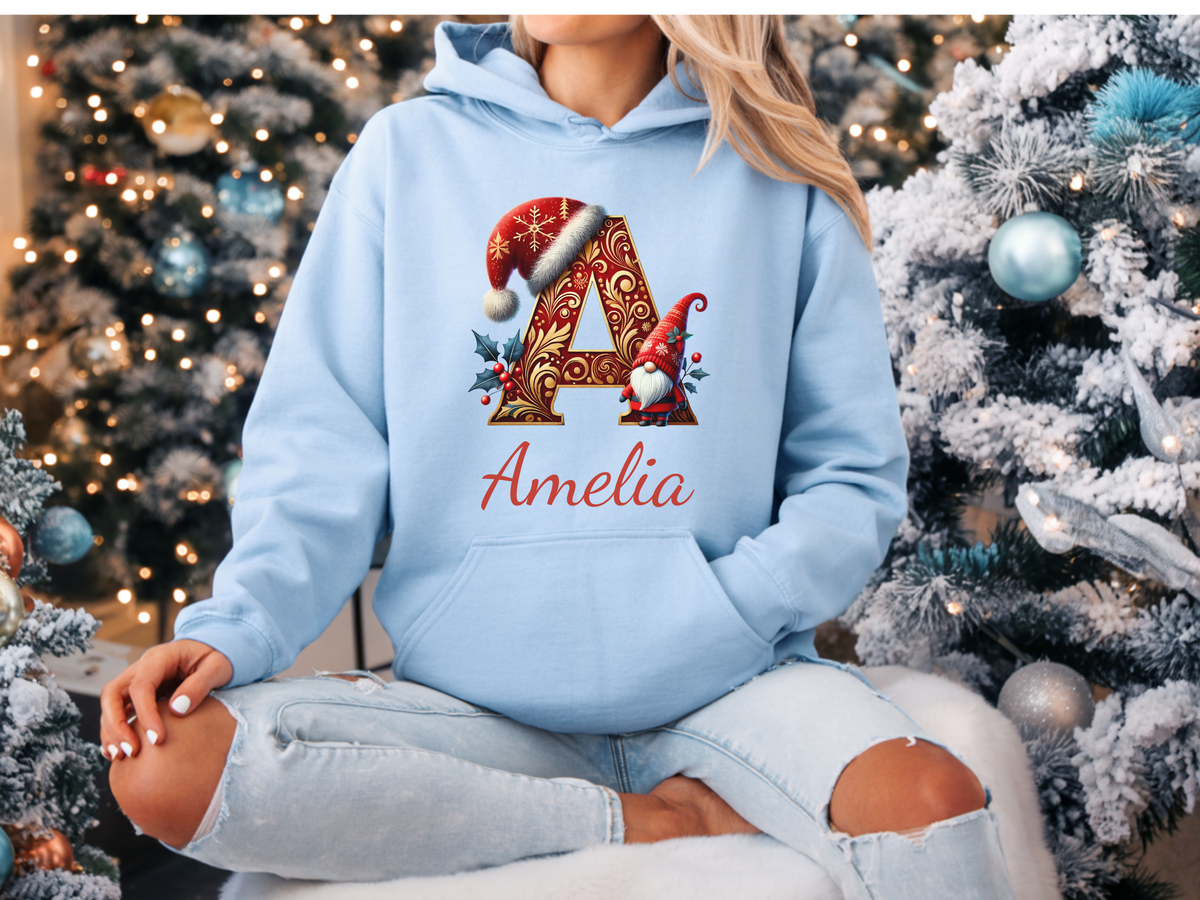 Personalized Christmas Gnome Sweatshirt or Hoodie A–Z Alphabet, Custom Name for Adults & Kids – Holiday Family Group Apparel Gift
