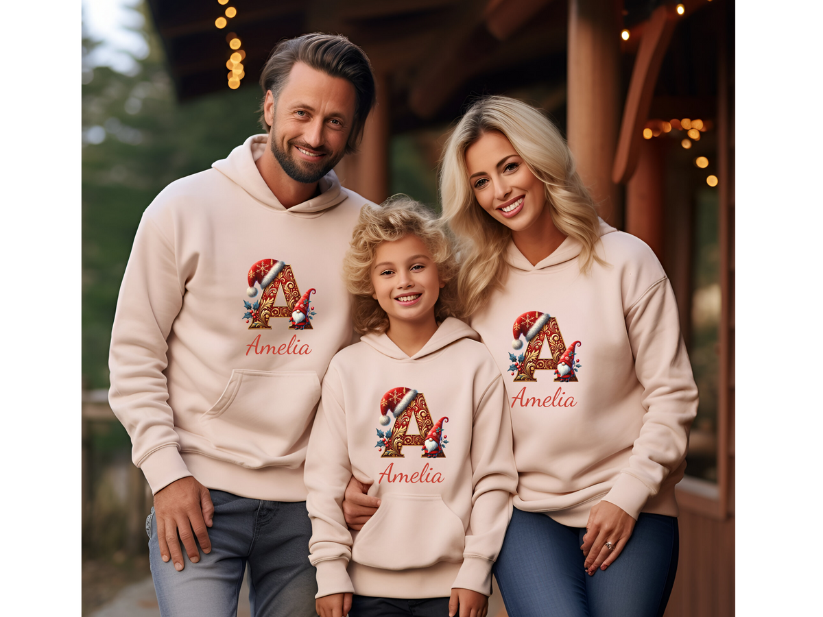 Personalized Christmas Gnome Sweatshirt or Hoodie A–Z Alphabet, Custom Name for Adults & Kids – Holiday Family Group Apparel Gift