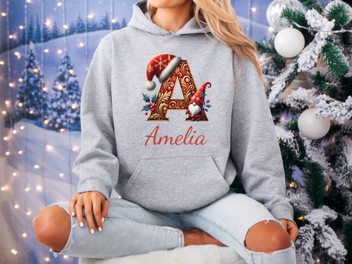 Personalized Christmas Gnome Sweatshirt or Hoodie A–Z Alphabet, Custom Name for Adults & Kids – Holiday Family Group Apparel Gift