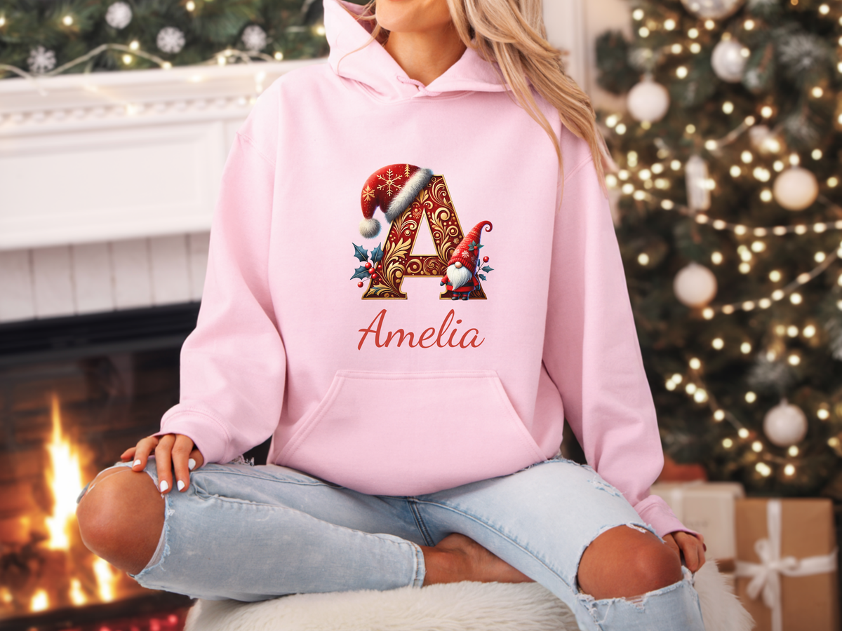 Personalized Christmas Gnome Sweatshirt or Hoodie A–Z Alphabet, Custom Name for Adults & Kids – Holiday Family Group Apparel Gift