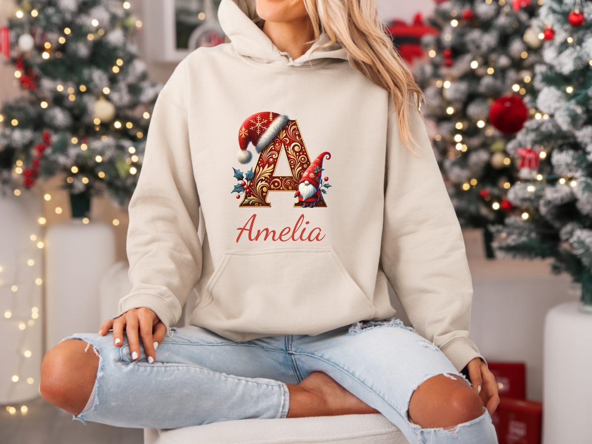 Personalized Christmas Gnome Sweatshirt or Hoodie A–Z Alphabet, Custom Name for Adults & Kids – Holiday Family Group Apparel Gift