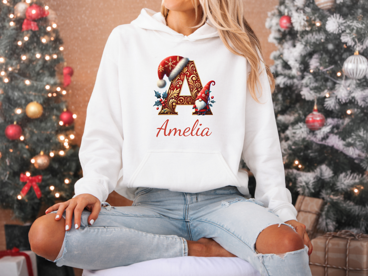 Personalized Christmas Gnome Sweatshirt or Hoodie A–Z Alphabet, Custom Name for Adults & Kids – Holiday Family Group Apparel Gift