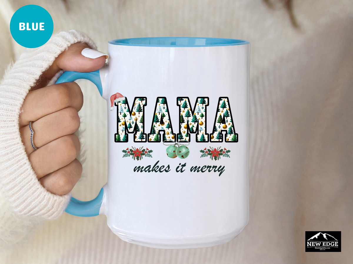 MAMA Christmas Trees Coffee Mug with “MAMA Makes It Merry” Slogan – 11oz & 15oz Accent Mug – Festive Holiday Gift for Moms