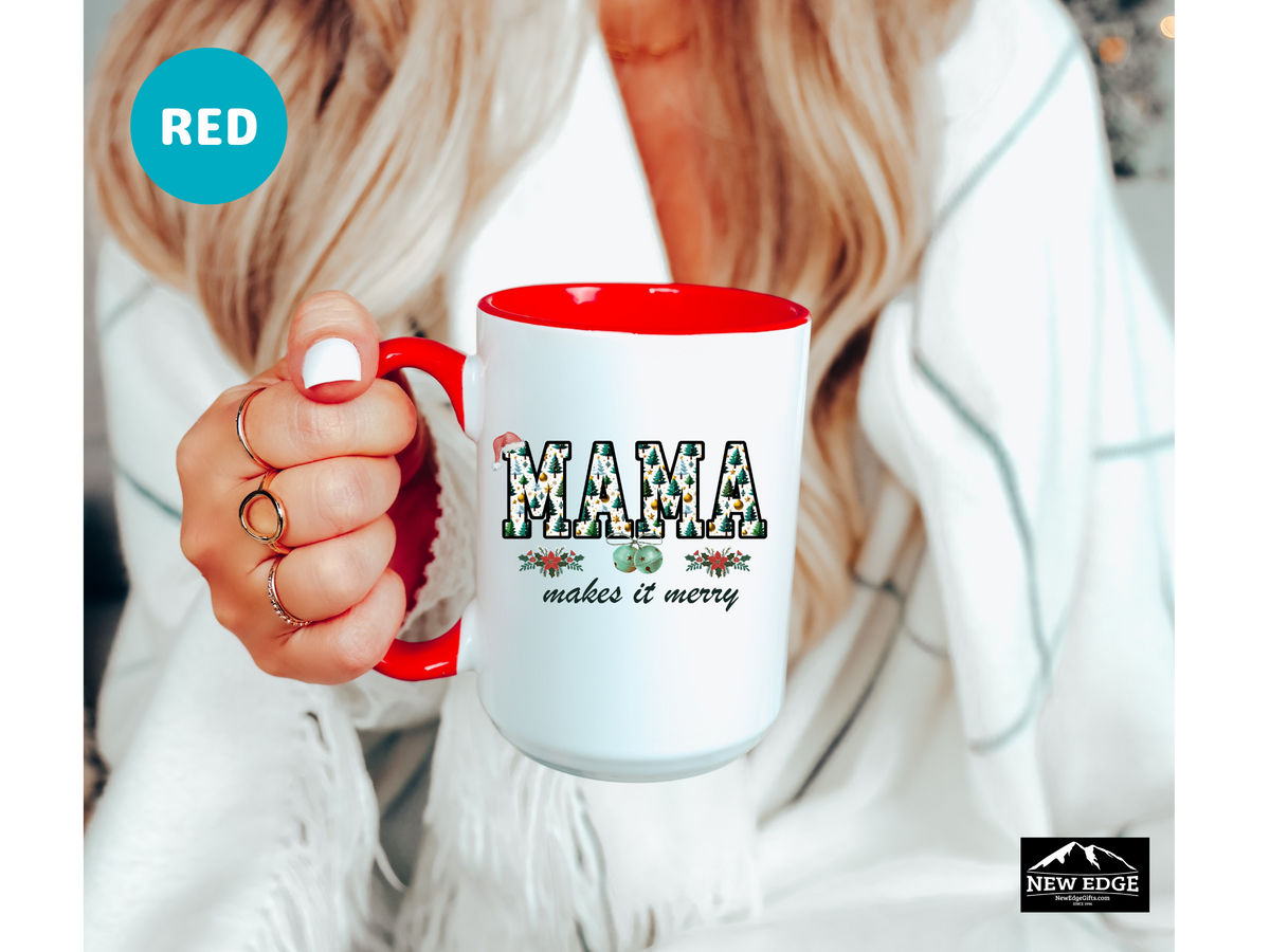 MAMA Christmas Trees Coffee Mug with “MAMA Makes It Merry” Slogan – 11oz & 15oz Accent Mug – Festive Holiday Gift for Moms