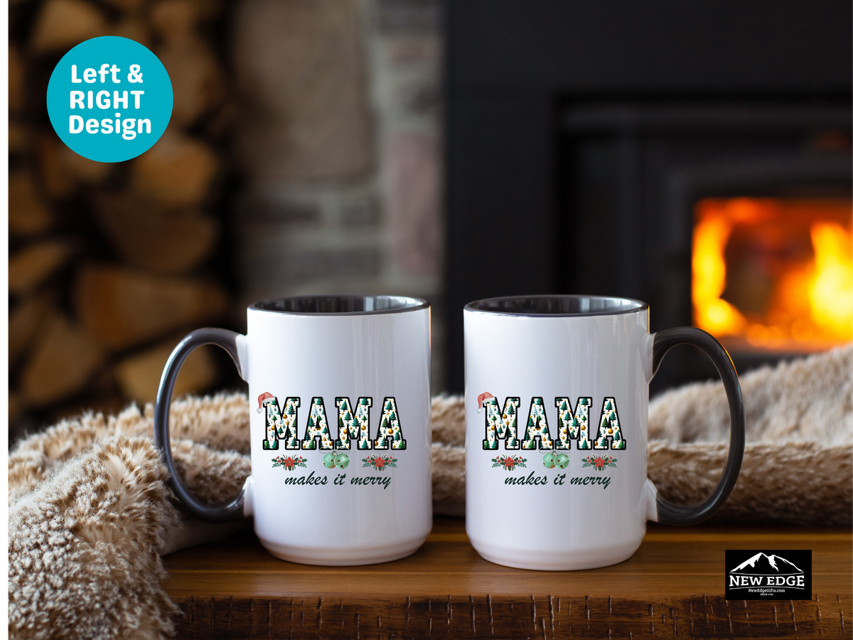 MAMA Christmas Trees Coffee Mug with “MAMA Makes It Merry” Slogan – 11oz & 15oz Accent Mug – Festive Holiday Gift for Moms