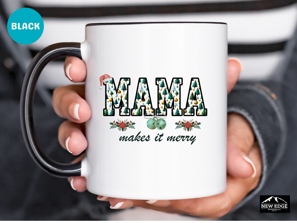 MAMA Christmas Trees Coffee Mug with “MAMA Makes It Merry” Slogan – 11oz & 15oz Accent Mug – Festive Holiday Gift for Moms