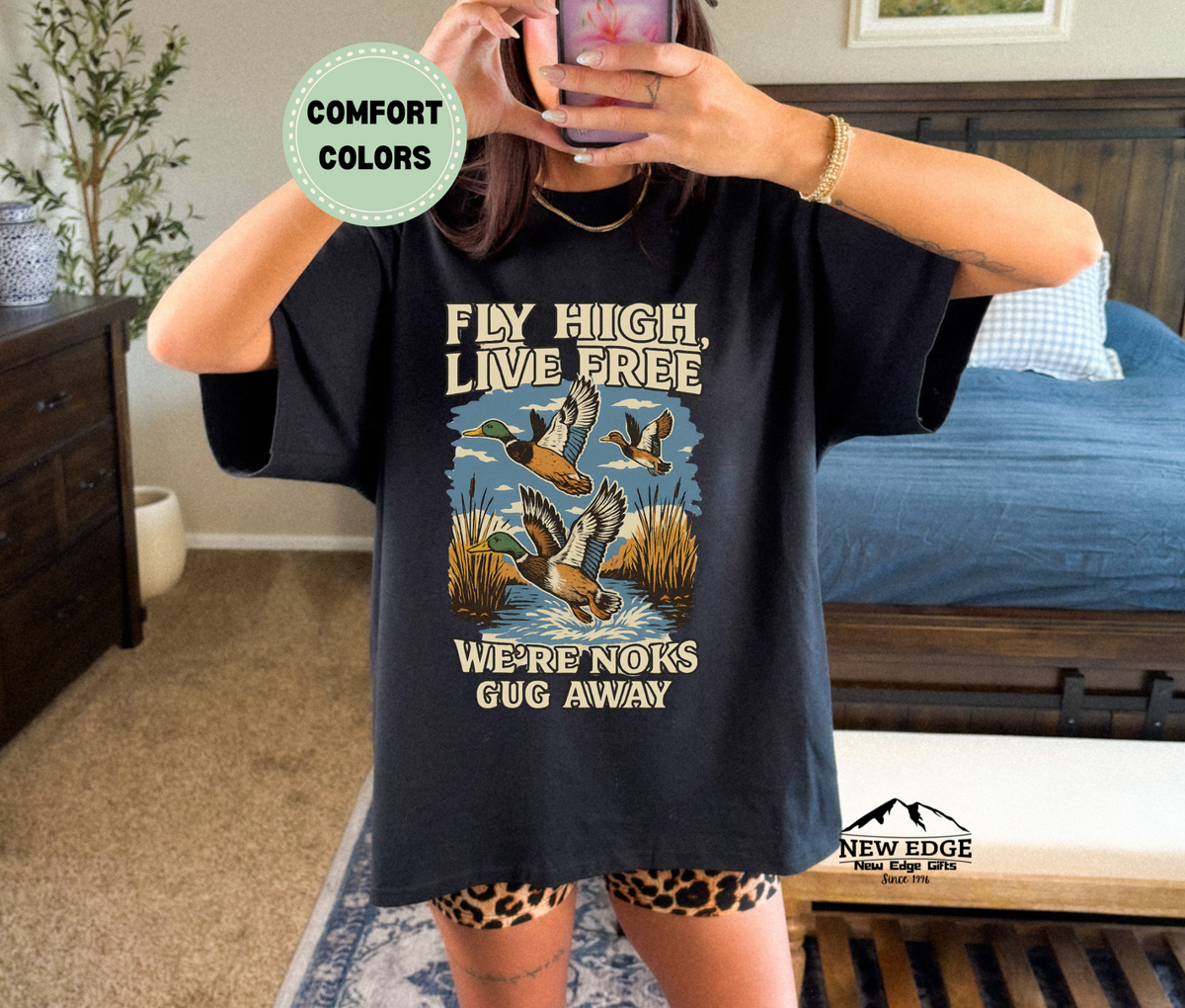 Fly High Live Free" Nature-Inspired Duck Flight T-Shirt