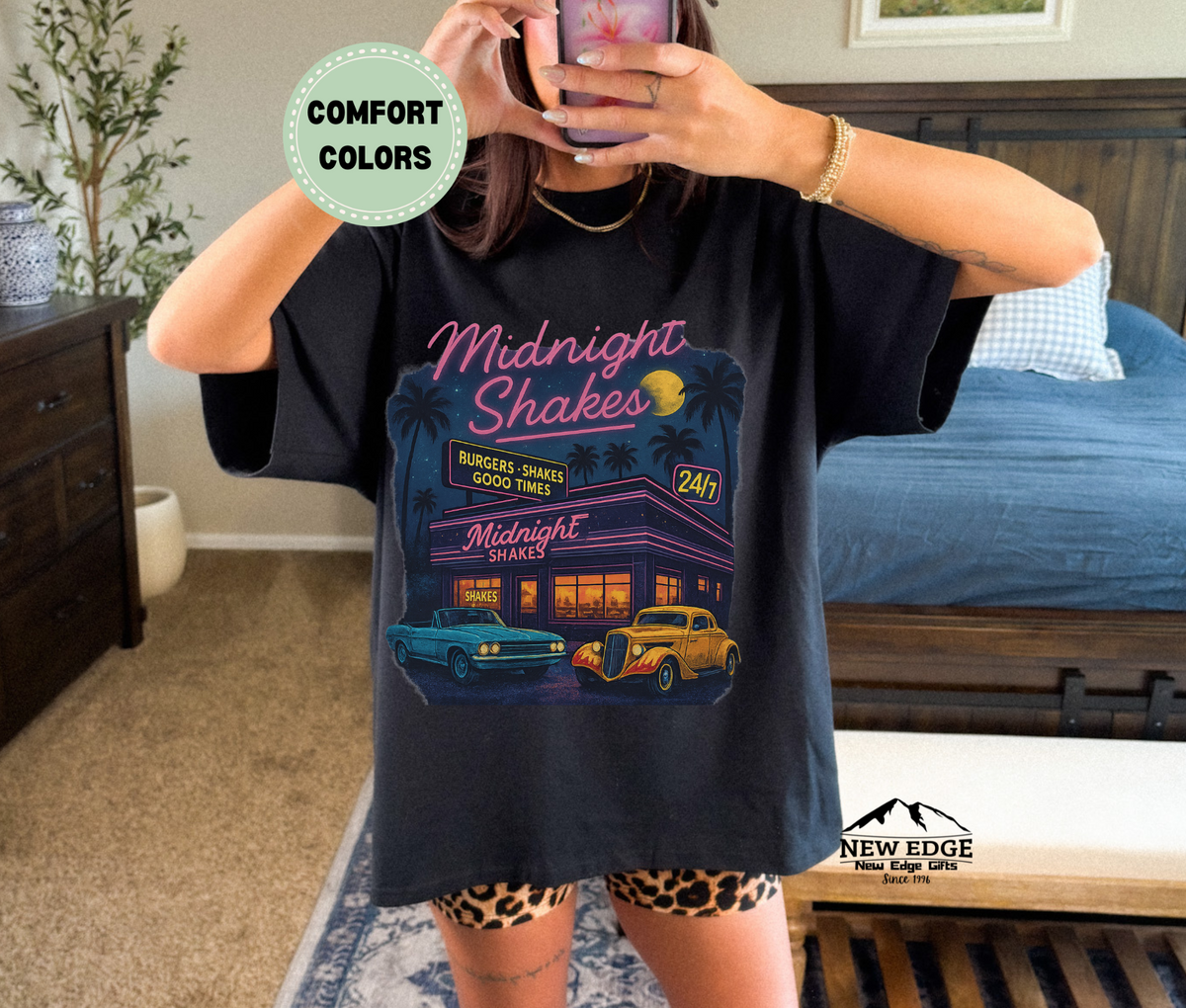 Midnight Shakes T-Shirt | 80’s Vintage Diner Neon Cars Unisex Tee