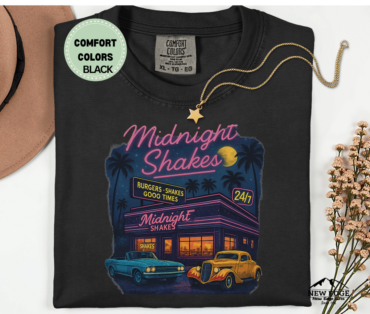 Midnight Shakes T-Shirt | 80’s Vintage Diner Neon Cars Unisex Tee