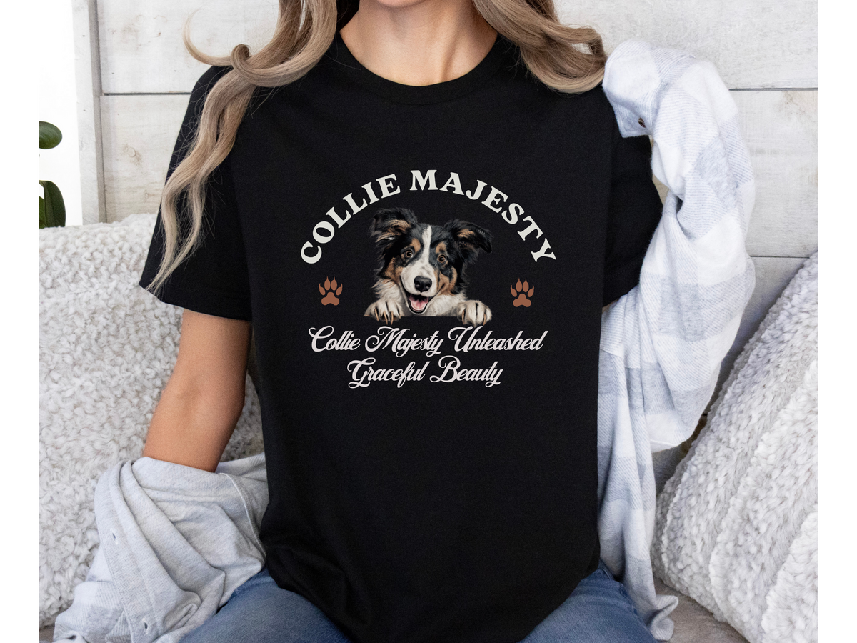 Collie Majesty T-Shirt – Unisex Dog Lover Tee with “Collie Majesty Unleashed, Graceful Beauty” Slogan | Elegant Herding Dog Gift