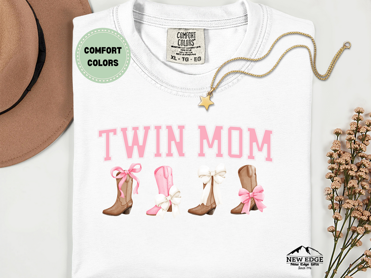 Twin Mom Comfort Colors T-Shirt – Western Cowgirl Boots & Pink Bows Graphic Tee – Country Mom of Twins Shirt – Cute Southern Mama Gift