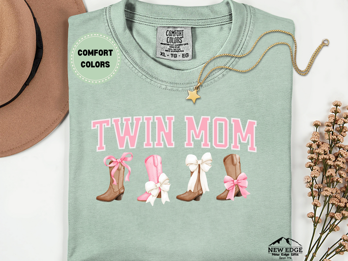 Twin Mom Comfort Colors T-Shirt – Western Cowgirl Boots & Pink Bows Graphic Tee – Country Mom of Twins Shirt – Cute Southern Mama Gift