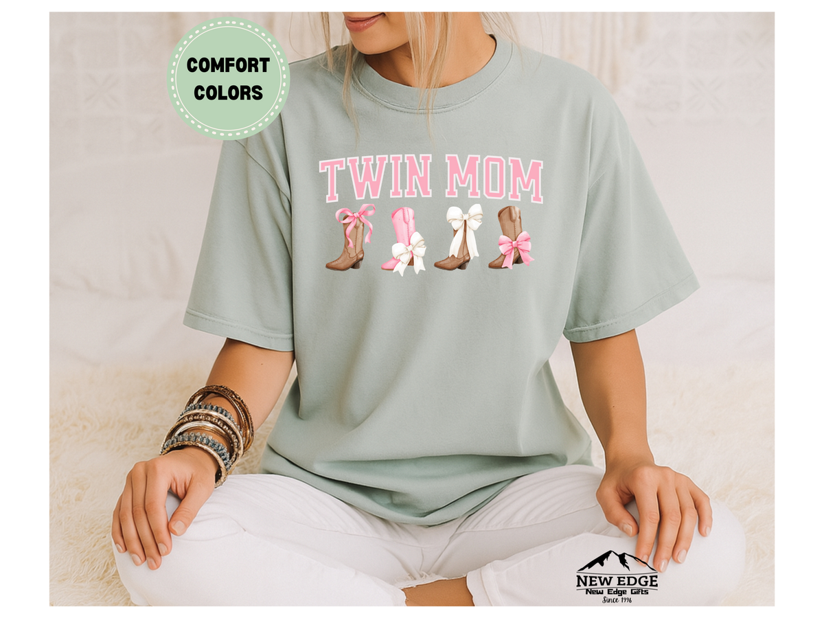 Twin Mom Comfort Colors T-Shirt – Western Cowgirl Boots & Pink Bows Graphic Tee – Country Mom of Twins Shirt – Cute Southern Mama Gift
