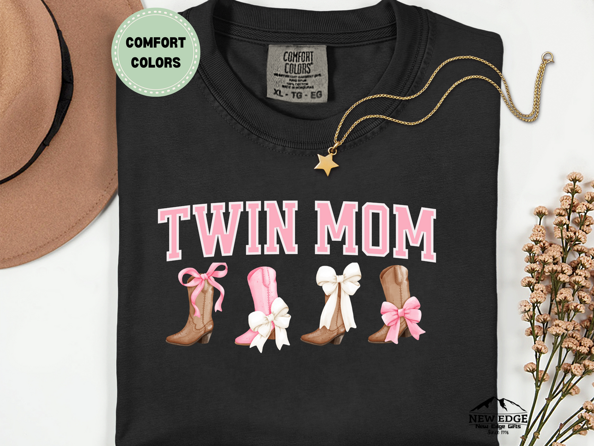 Twin Mom Comfort Colors T-Shirt – Western Cowgirl Boots & Pink Bows Graphic Tee – Country Mom of Twins Shirt – Cute Southern Mama Gift