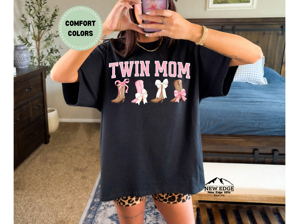 Twin Mom Comfort Colors T-Shirt – Western Cowgirl Boots & Pink Bows Graphic Tee – Country Mom of Twins Shirt – Cute Southern Mama Gift