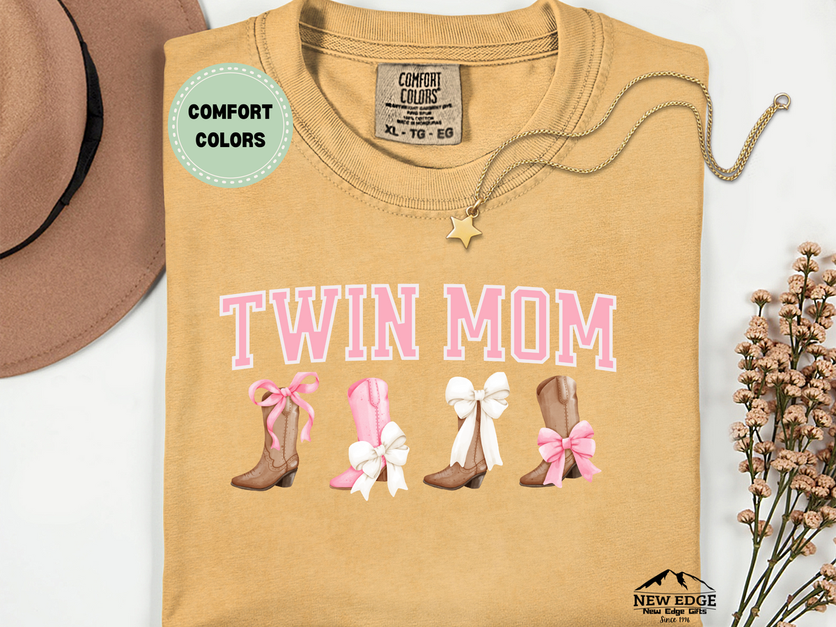 Twin Mom Comfort Colors T-Shirt – Western Cowgirl Boots & Pink Bows Graphic Tee – Country Mom of Twins Shirt – Cute Southern Mama Gift