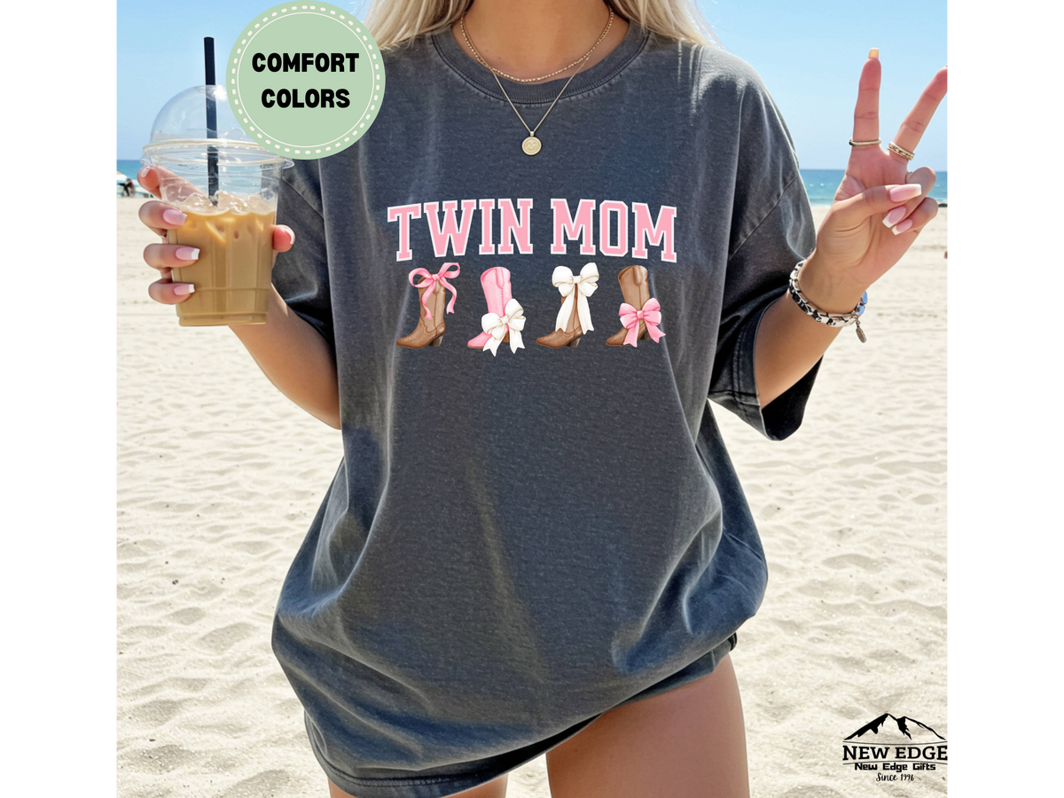 Twin Mom Comfort Colors T-Shirt – Western Cowgirl Boots & Pink Bows Graphic Tee – Country Mom of Twins Shirt – Cute Southern Mama Gift