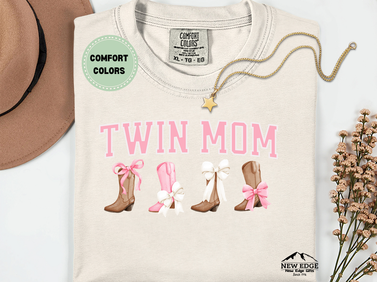 Twin Mom Comfort Colors T-Shirt – Western Cowgirl Boots & Pink Bows Graphic Tee – Country Mom of Twins Shirt – Cute Southern Mama Gift