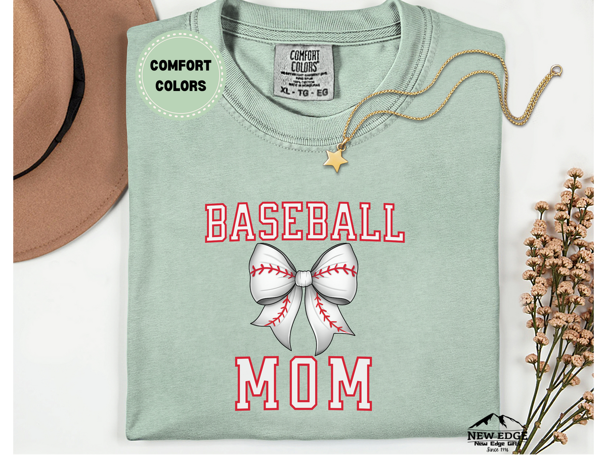 Comfort Colors Baseball Mom T-Shirt – White Bow Baseball Design | Game Day Shirt