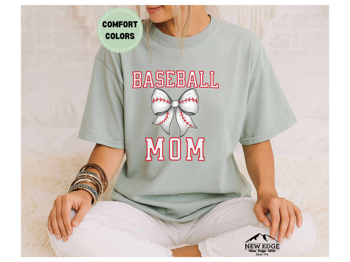 Comfort Colors Baseball Mom T-Shirt – White Bow Baseball Design | Game Day Shirt