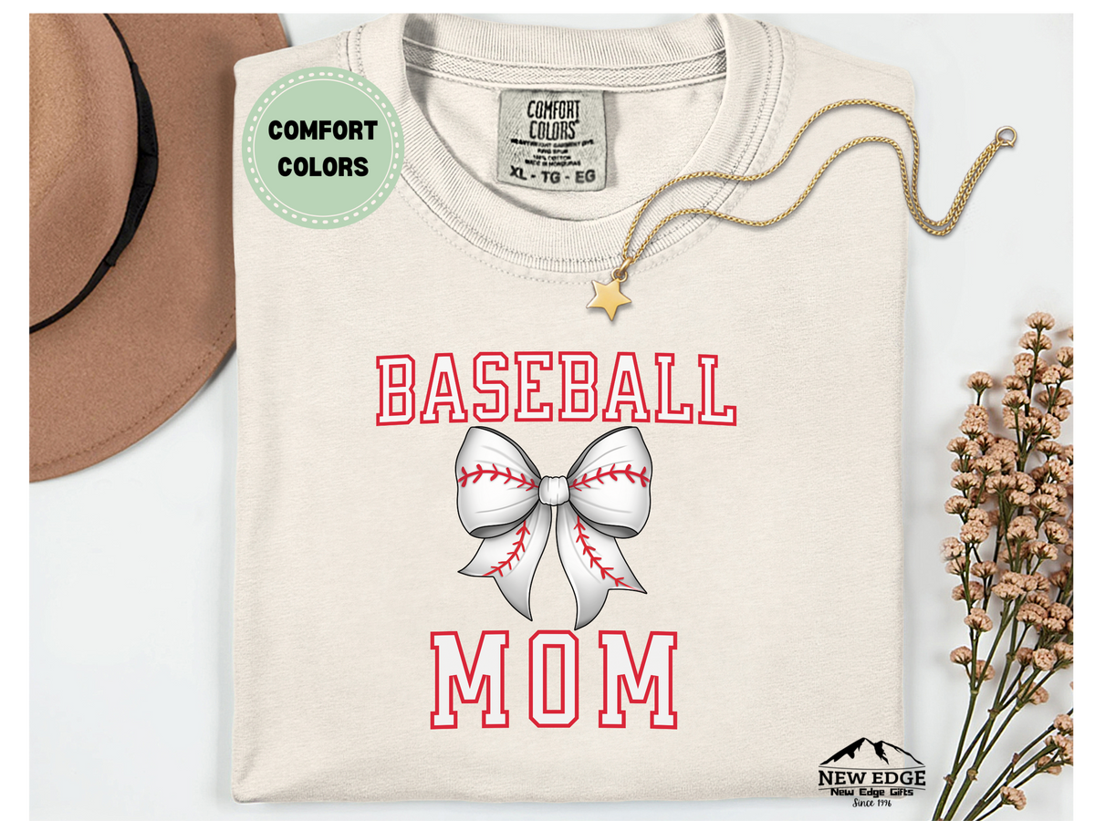 Comfort Colors Baseball Mom T-Shirt – White Bow Baseball Design | Game Day Shirt