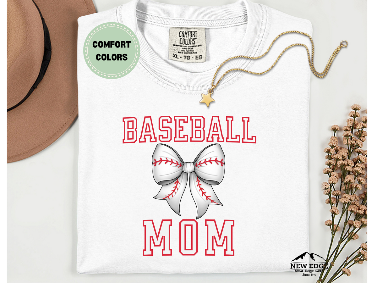 Comfort Colors Baseball Mom T-Shirt – White Bow Baseball Design | Game Day Shirt