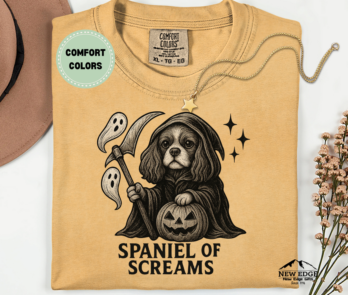 Unisex Comfort Colors Cavalier Spaniel – Spaniel of Screams Halloween T-Shirt | Spooky Dog Pun Tee