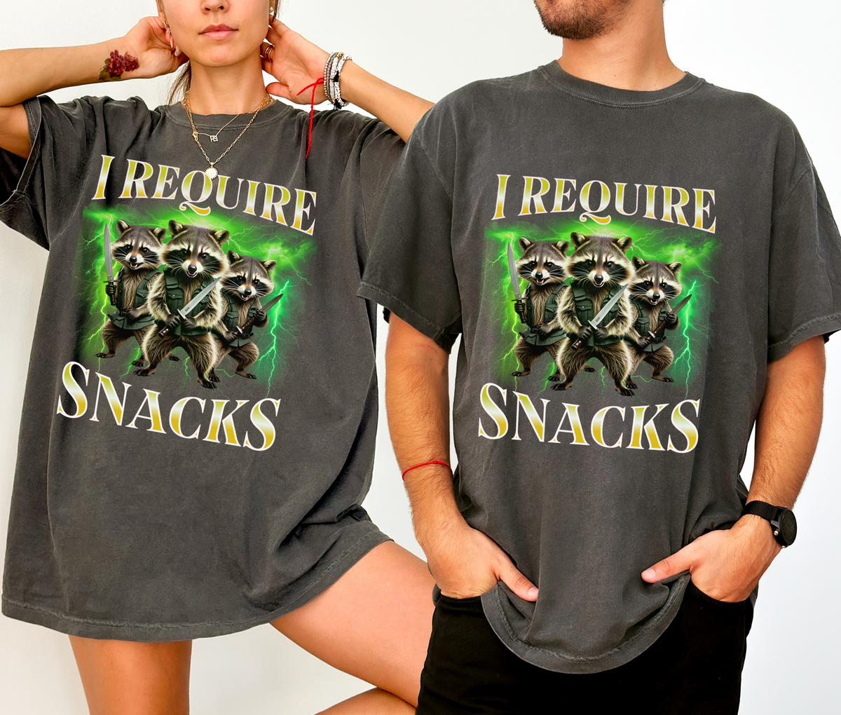 Comfort Colors Bootleg Raccoons "I REQUIRE SNACKS" Funny T-Shirt