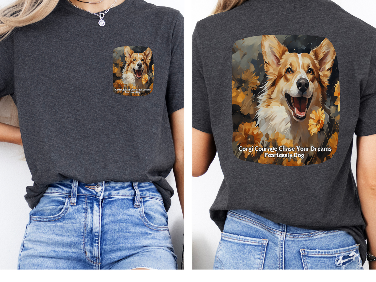 Corgi Sunflower T-Shirt – 'Corgi Courage: Chase Your Dreams Fearlessly' – Front & Back Design – Bold & Playful Dog Lover Tee