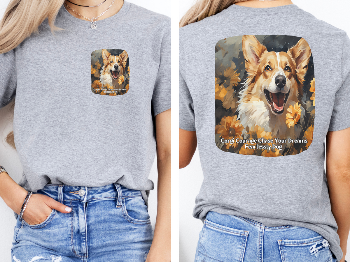 Corgi Sunflower T-Shirt – 'Corgi Courage: Chase Your Dreams Fearlessly' – Front & Back Design – Bold & Playful Dog Lover Tee