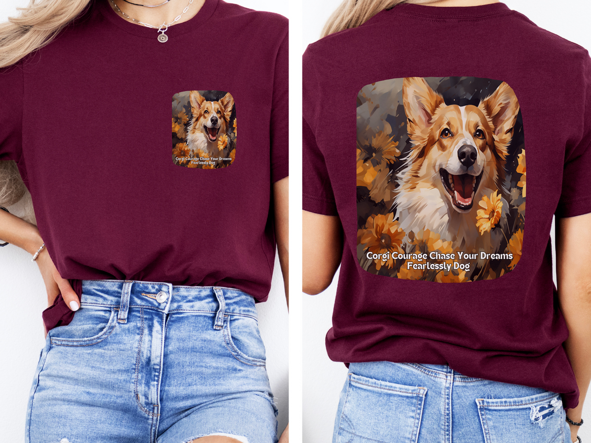 Corgi Sunflower T-Shirt – 'Corgi Courage: Chase Your Dreams Fearlessly' – Front & Back Design – Bold & Playful Dog Lover Tee