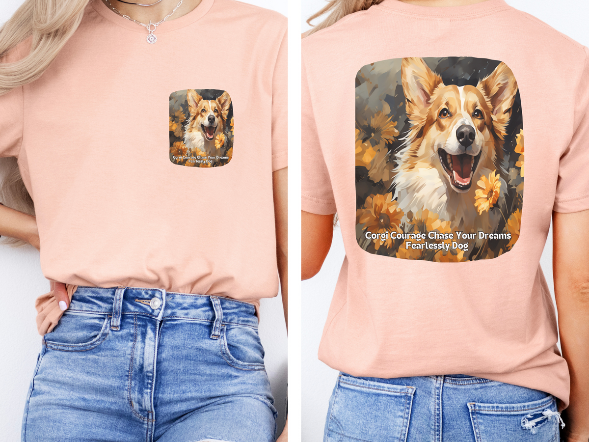 Corgi Sunflower T-Shirt – 'Corgi Courage: Chase Your Dreams Fearlessly' – Front & Back Design – Bold & Playful Dog Lover Tee