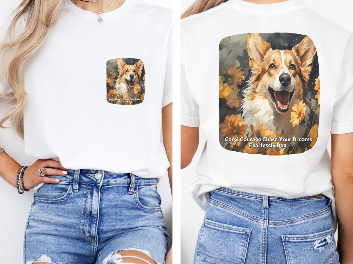 Corgi Sunflower T-Shirt – 'Corgi Courage: Chase Your Dreams Fearlessly' – Front & Back Design – Bold & Playful Dog Lover Tee