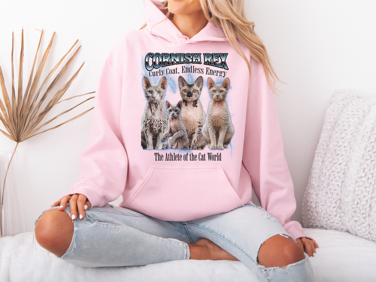 Cornish Rex Cat Hoodie – Unisex Bootleg Collage Sweatshirt | The Athlete of the Cat World