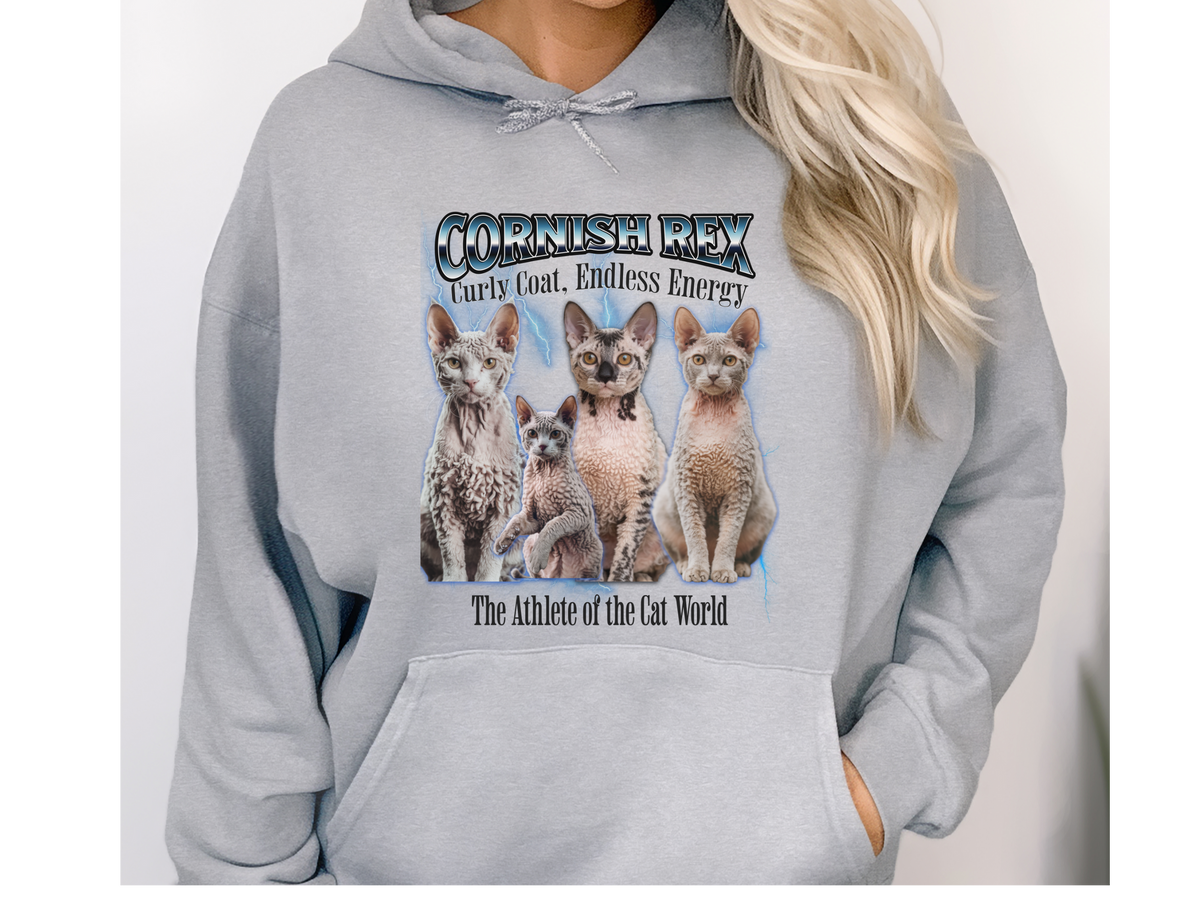Cornish Rex Cat Hoodie – Unisex Bootleg Collage Sweatshirt | The Athlete of the Cat World