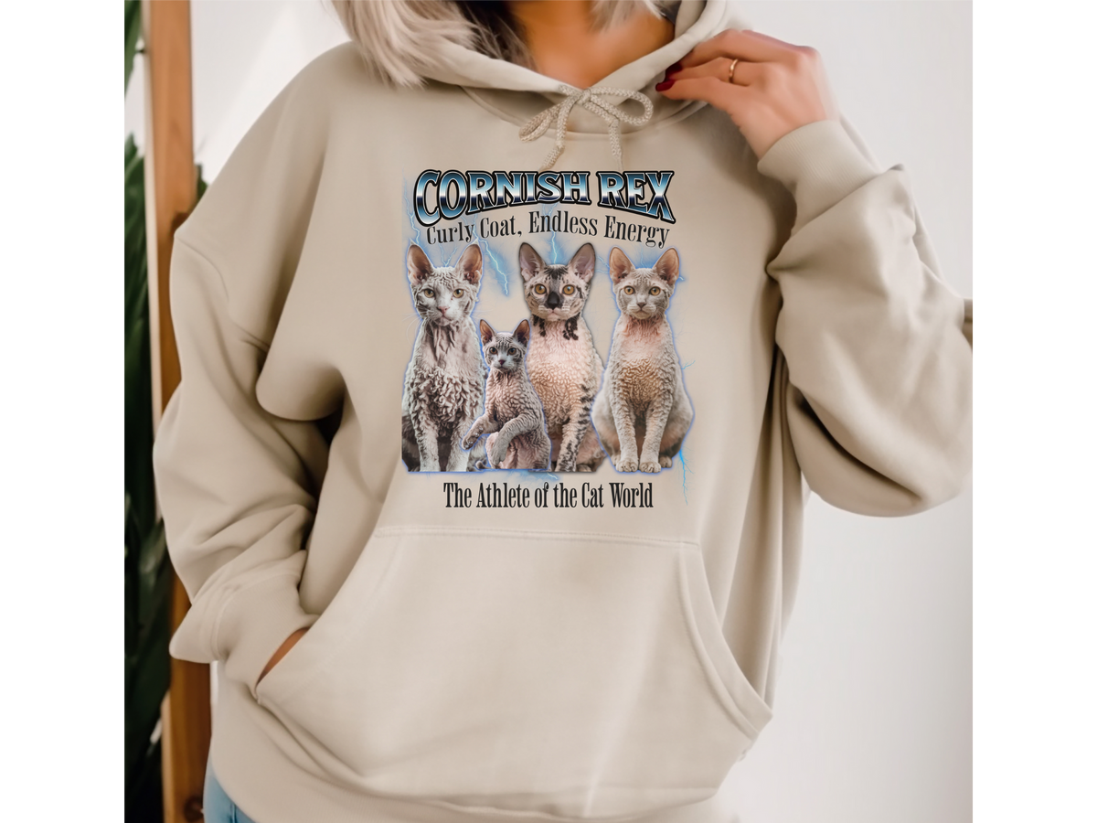 Cornish Rex Cat Hoodie – Unisex Bootleg Collage Sweatshirt | The Athlete of the Cat World