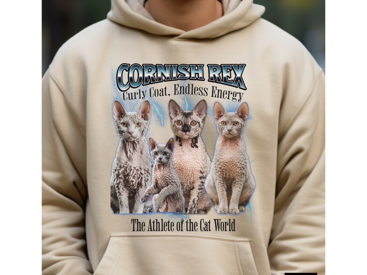 Cornish Rex Cat Hoodie – Unisex Bootleg Collage Sweatshirt | The Athlete of the Cat World