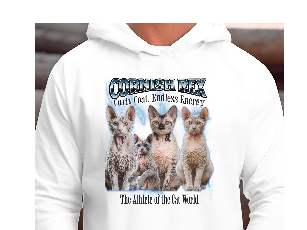Cornish Rex Cat Hoodie – Unisex Bootleg Collage Sweatshirt | The Athlete of the Cat World