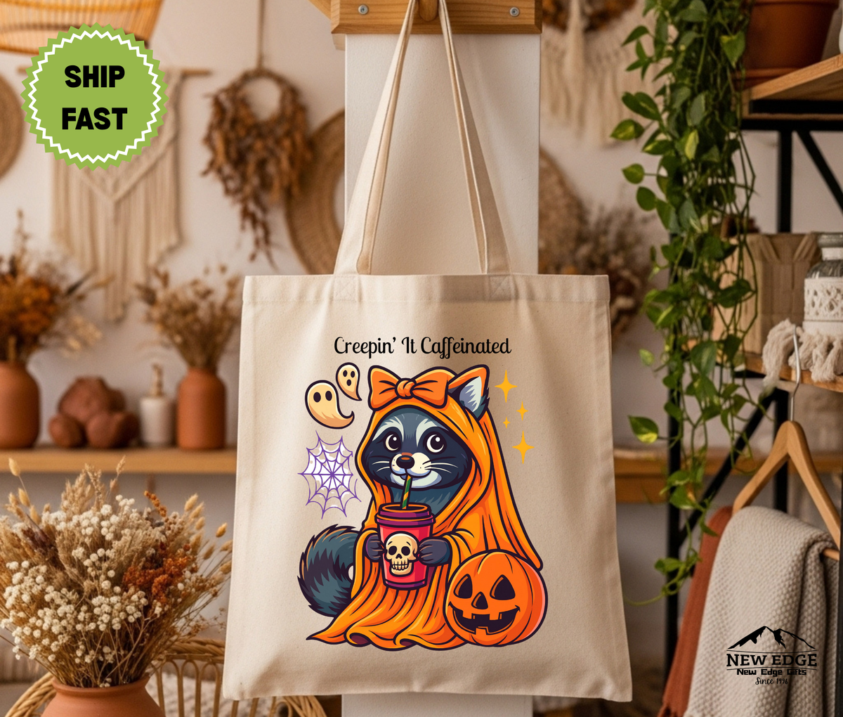 Creepin’ It Caffeinated Halloween Tote Bag – Raccoon with Bow and Coffee by Pumpkin Cotton Canvas Bag, Funny Fall Gift for Coffee Lovers