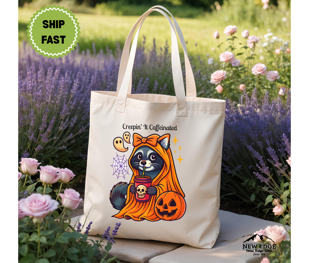 Creepin’ It Caffeinated Halloween Tote Bag – Raccoon with Bow and Coffee by Pumpkin Cotton Canvas Bag, Funny Fall Gift for Coffee Lovers