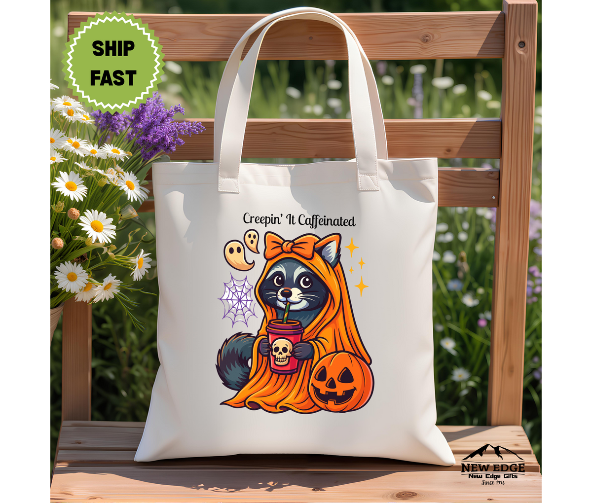 Creepin’ It Caffeinated Halloween Tote Bag – Raccoon with Bow and Coffee by Pumpkin Cotton Canvas Bag, Funny Fall Gift for Coffee Lovers